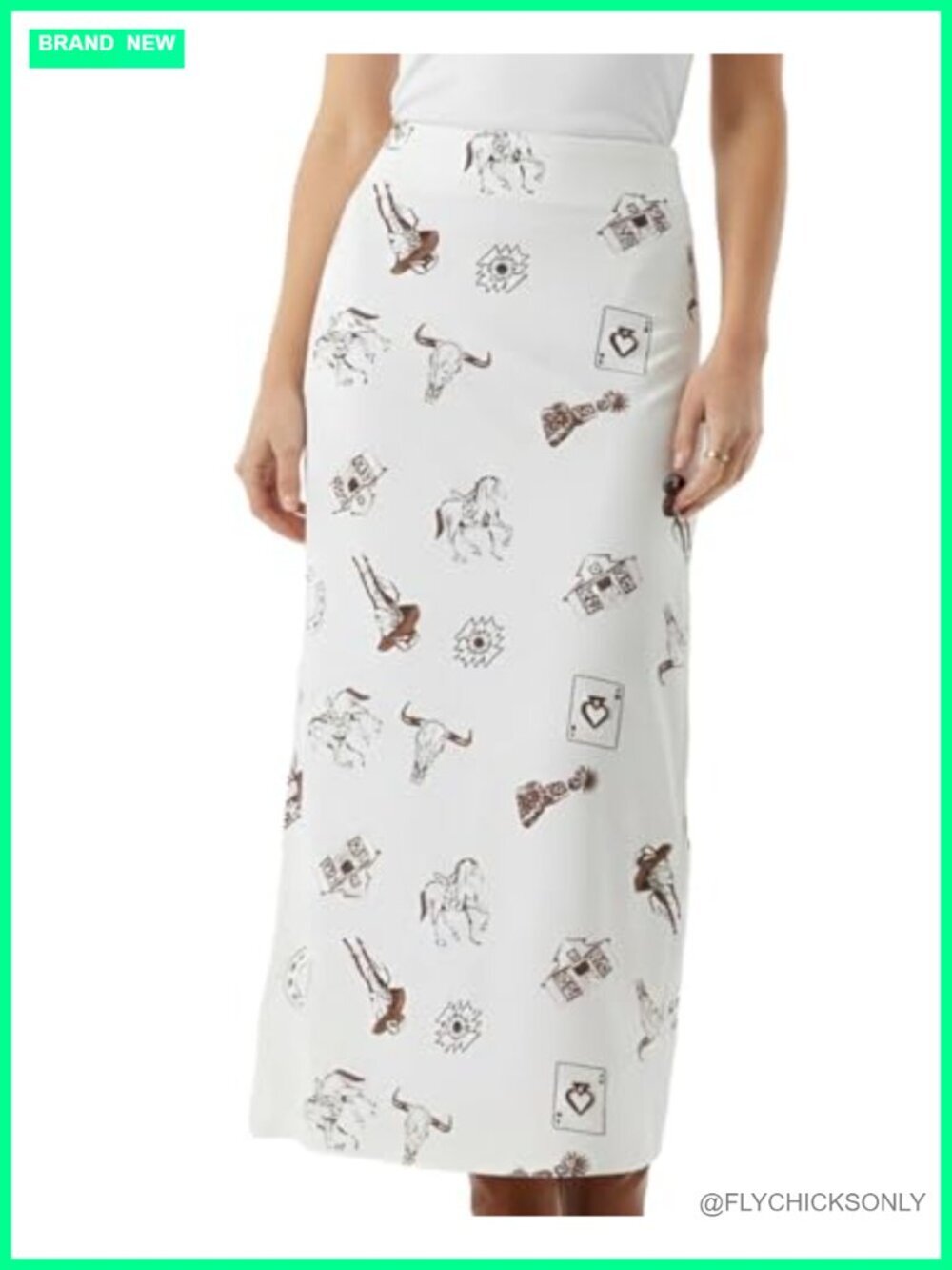 Western Cowgirl Print Maxi Skirt A-Line High Waist Side-Zip Silk Satin